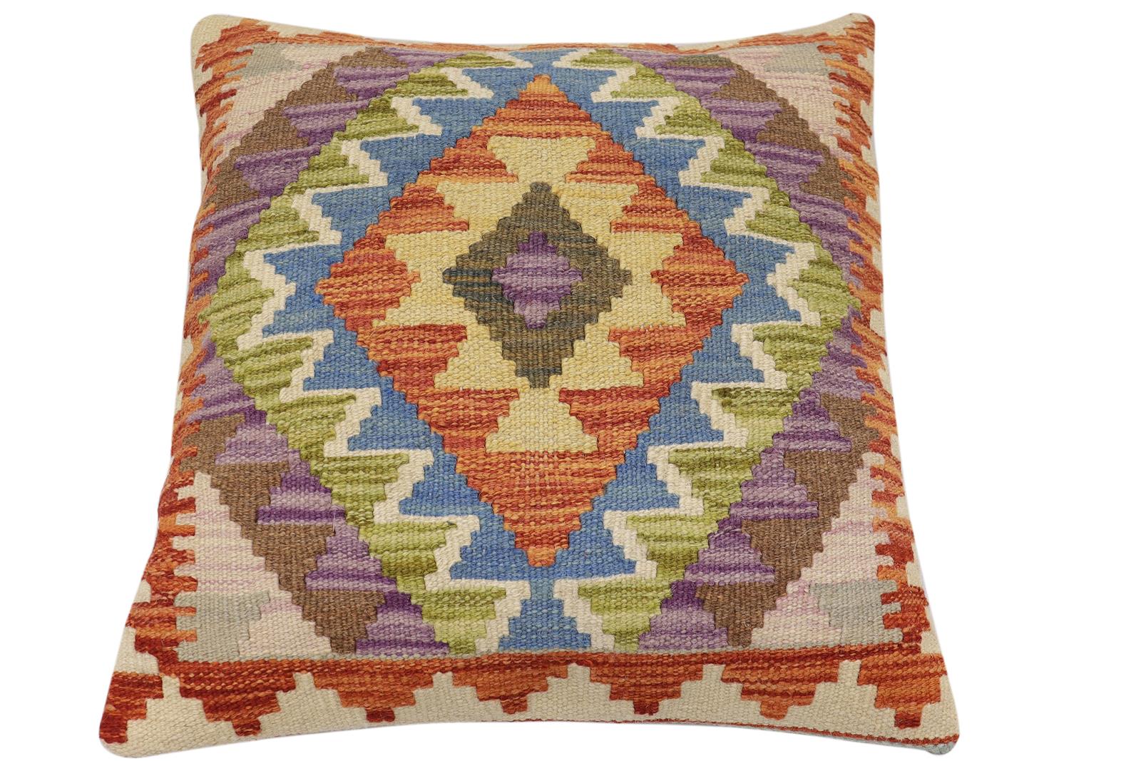 handmade Traditional Pillow Rust Blue Hand-Woven SQUARE 100% WOOL Hand woven turkish pillow2' x 2'