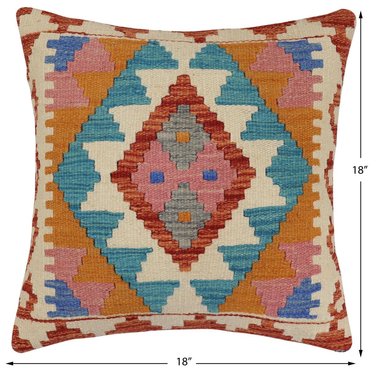 handmade Traditional Pillow Rust Blue Hand-Woven SQUARE 100% WOOL Hand woven turkish pillow2' x 2'
