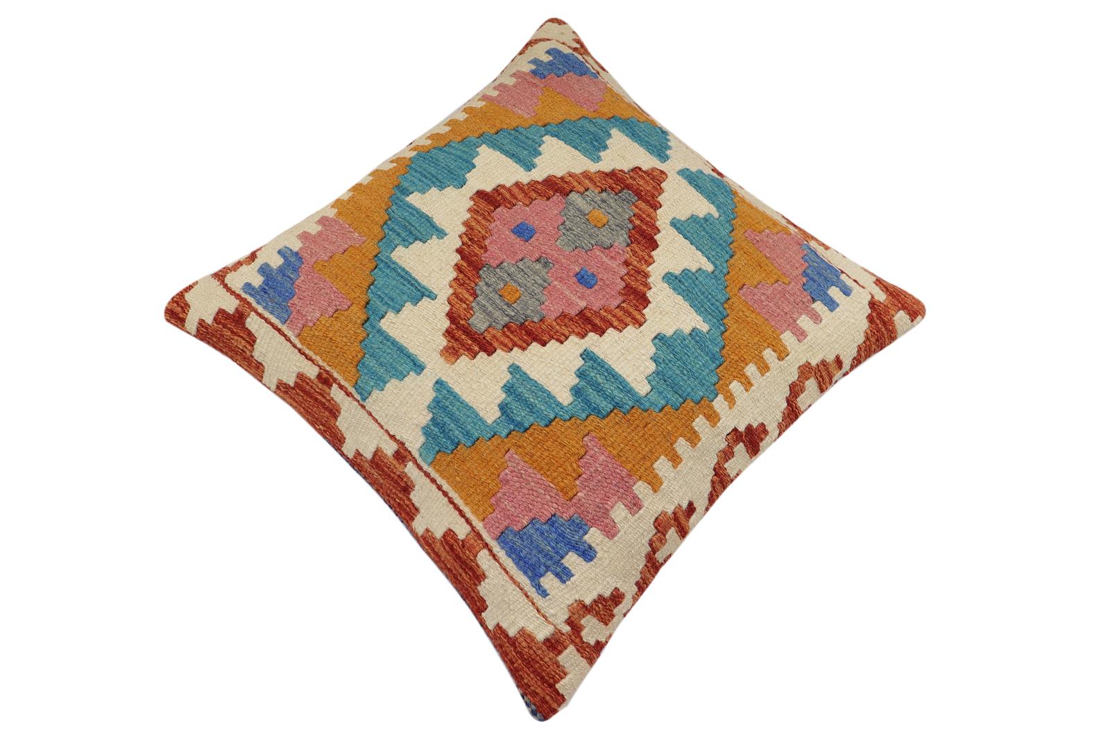 handmade Traditional Pillow Rust Blue Hand-Woven SQUARE 100% WOOL Hand woven turkish pillow2' x 2'