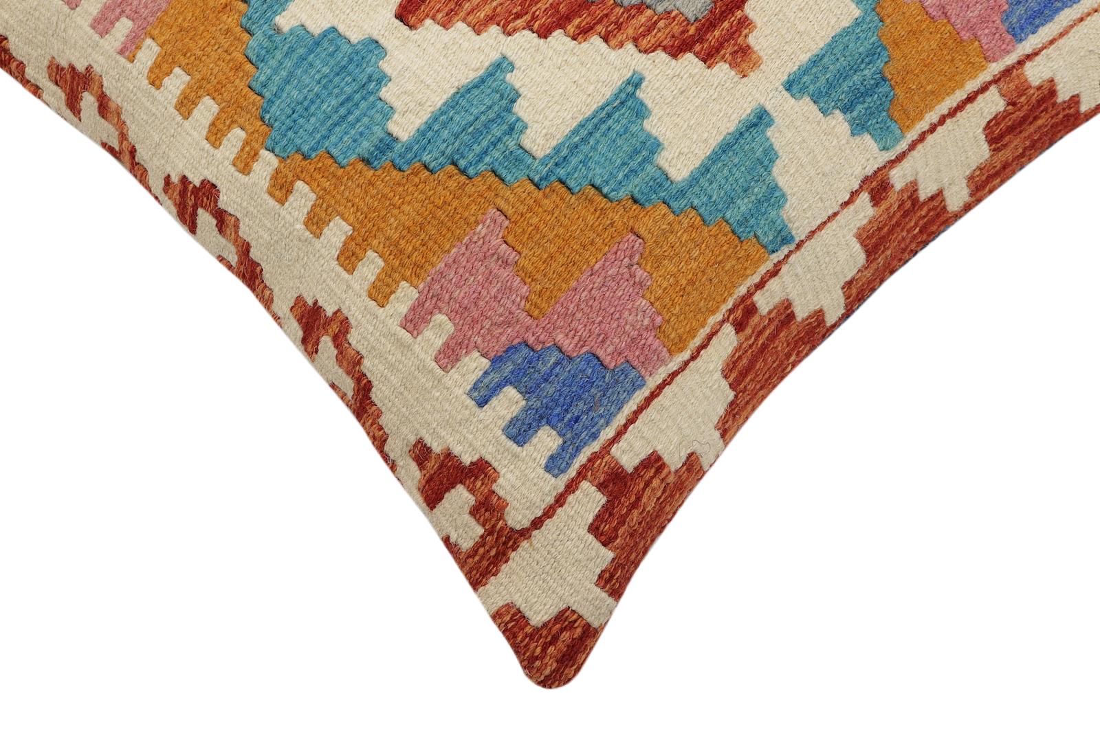 handmade Traditional Pillow Rust Blue Hand-Woven SQUARE 100% WOOL Hand woven turkish pillow2' x 2'