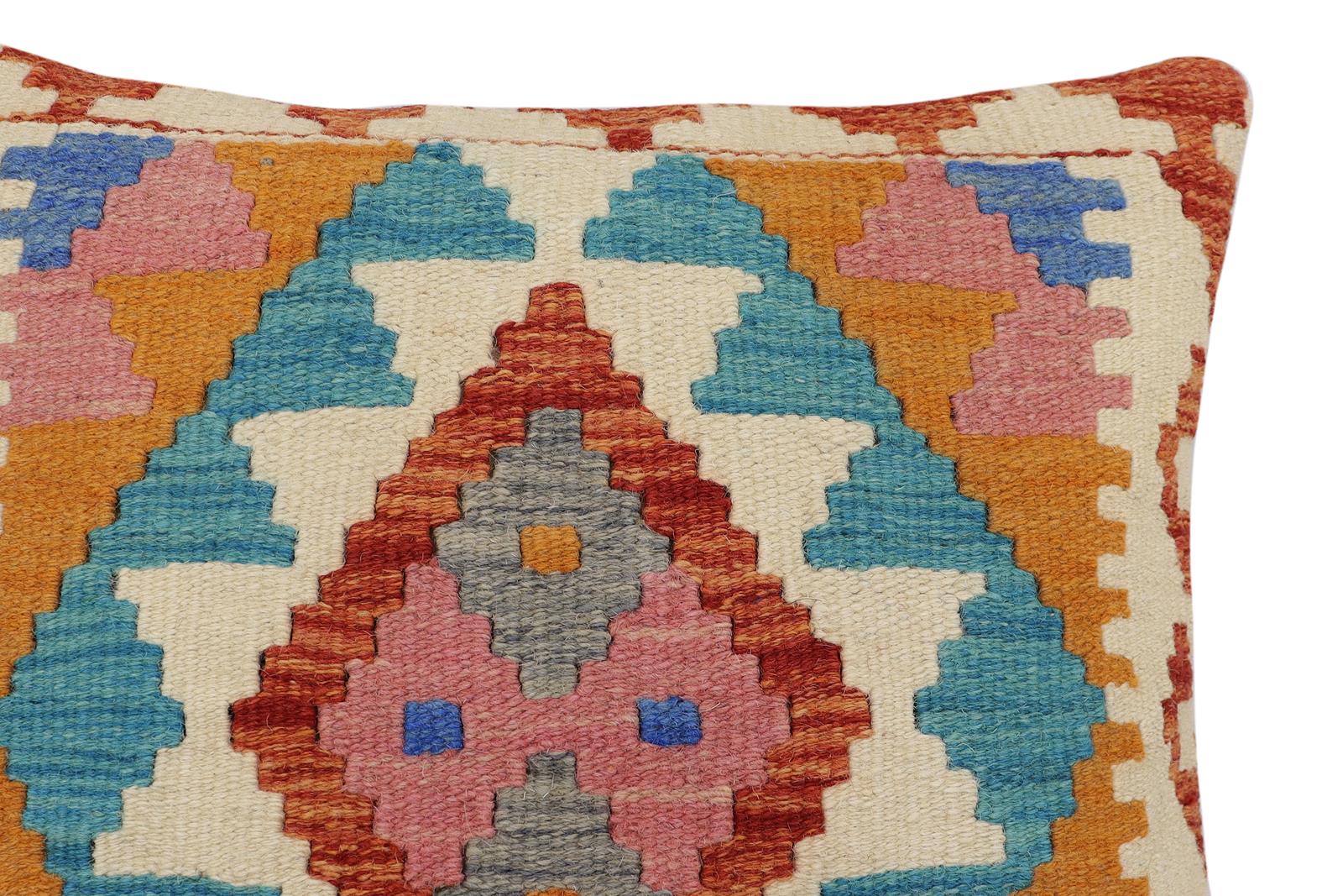 handmade Traditional Pillow Rust Blue Hand-Woven SQUARE 100% WOOL Hand woven turkish pillow2' x 2'