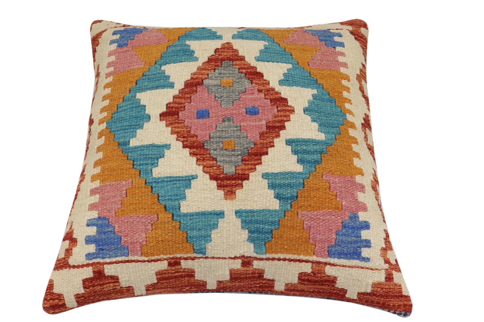 handmade Traditional Pillow Rust Blue Hand-Woven SQUARE 100% WOOL Hand woven turkish pillow2' x 2'