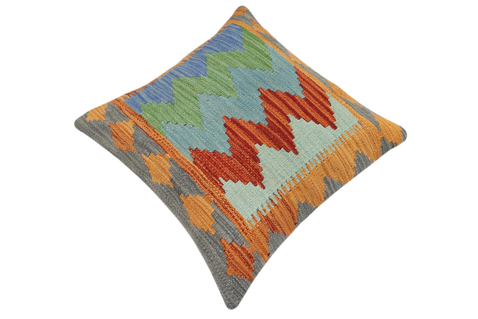 handmade Modern Pillow Rust Blue Hand-Woven SQUARE 100% WOOL  Hand woven turkish pillow  2 x 2
