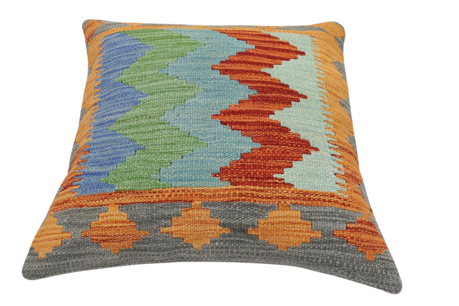 handmade Modern Pillow Rust Blue Hand-Woven SQUARE 100% WOOL  Hand woven turkish pillow  2 x 2
