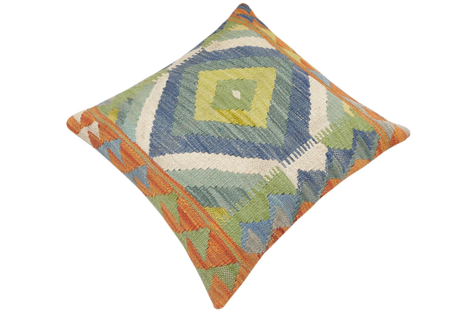 handmade Traditional Pillow Rust Blue Hand-Woven SQUARE 100% WOOL Hand woven turkish pillow2' x 2'