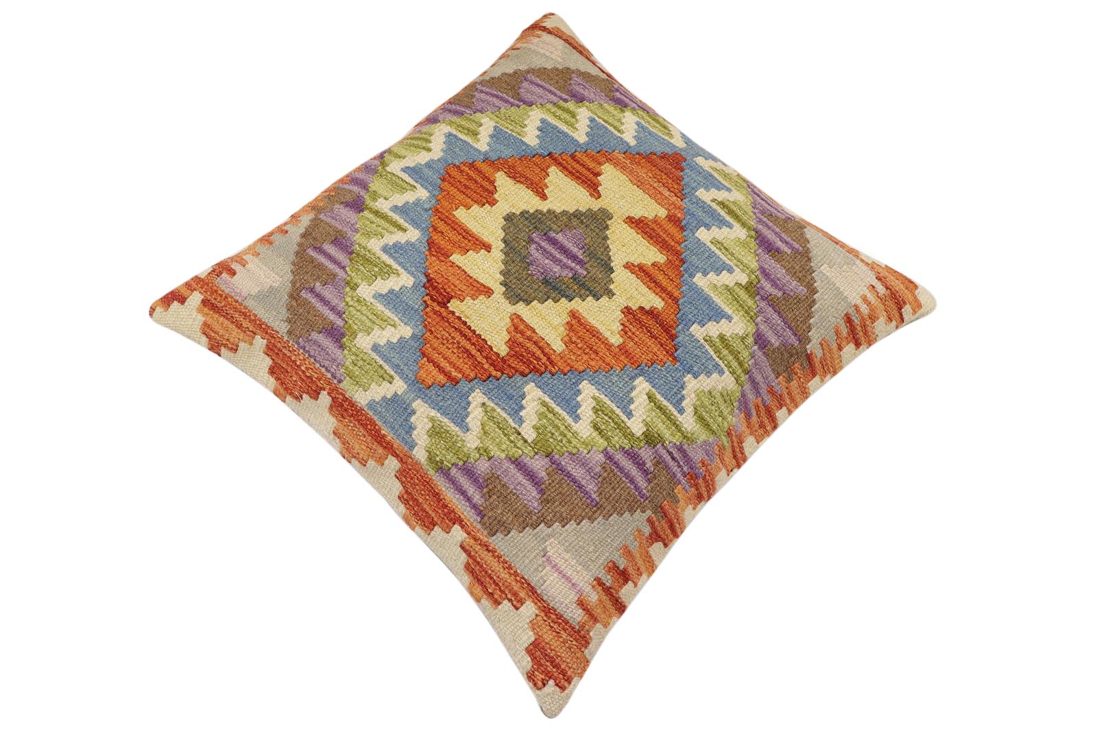 handmade Traditional Pillow Rust Blue Hand-Woven SQUARE 100% WOOL Hand woven turkish pillow2' x 2'