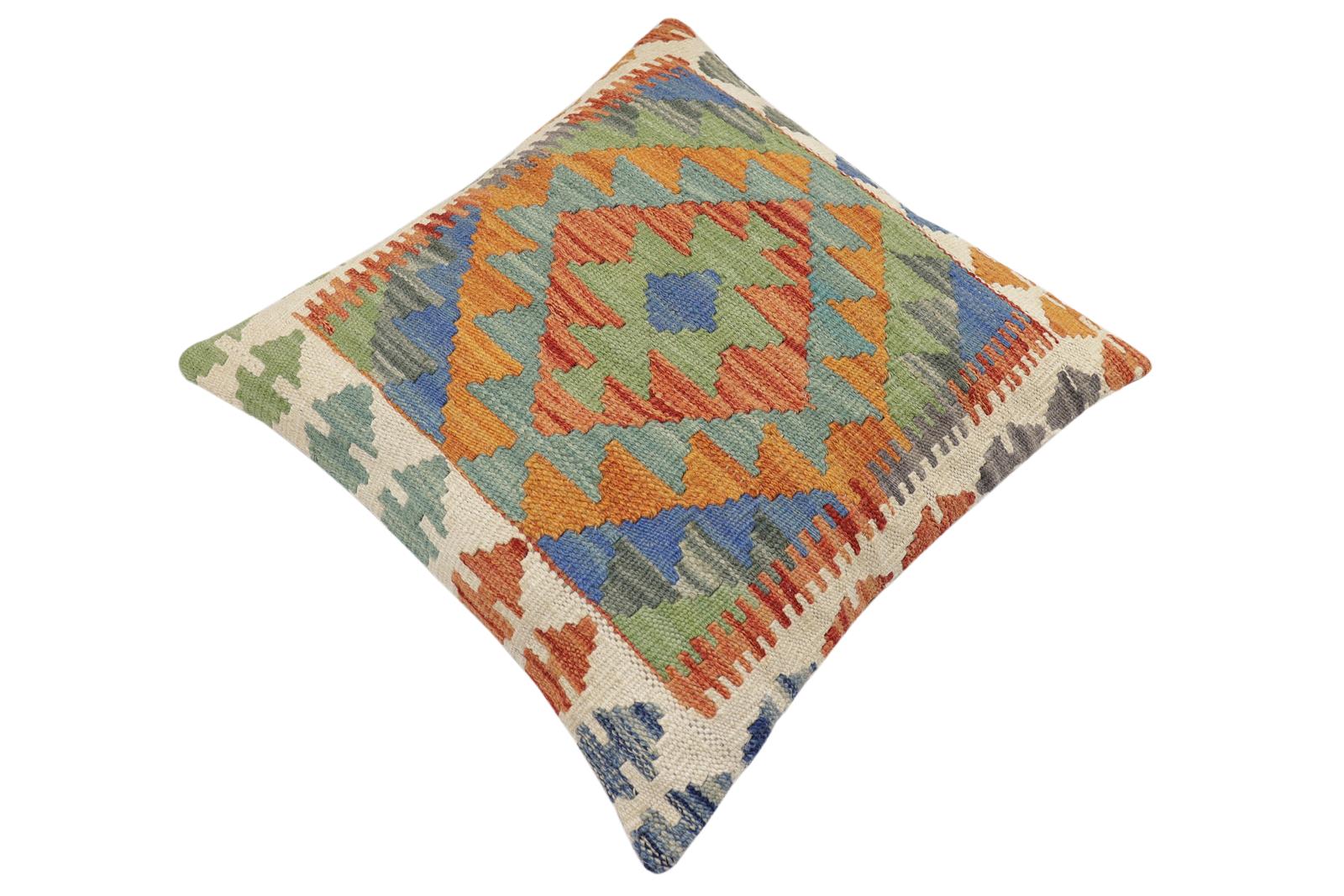 handmade Traditional Pillow Rust Blue Hand-Woven SQUARE 100% WOOL Hand woven turkish pillow2' x 2'