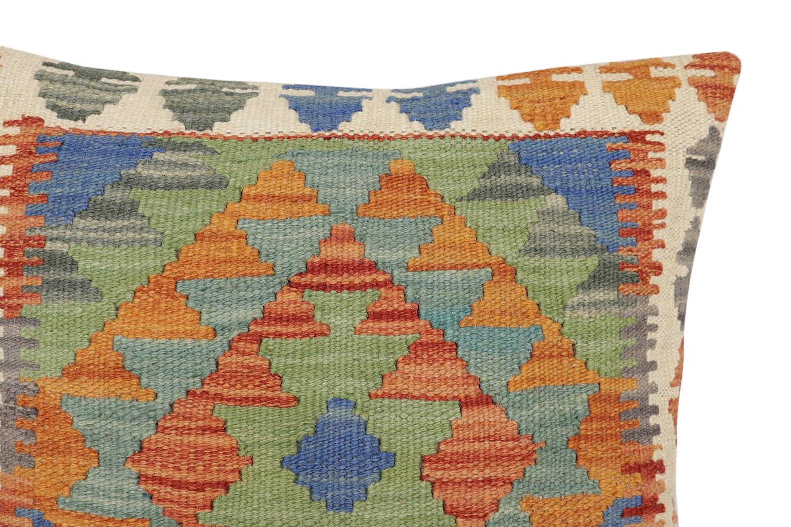 handmade Traditional Pillow Rust Blue Hand-Woven SQUARE 100% WOOL Hand woven turkish pillow2' x 2'