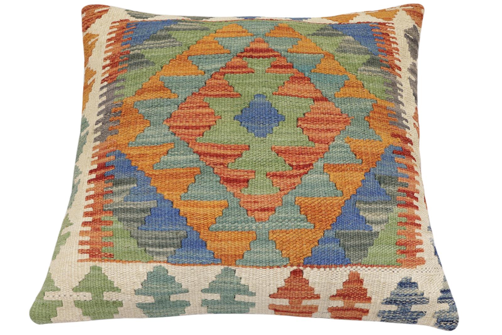 handmade Traditional Pillow Rust Blue Hand-Woven SQUARE 100% WOOL Hand woven turkish pillow2' x 2'