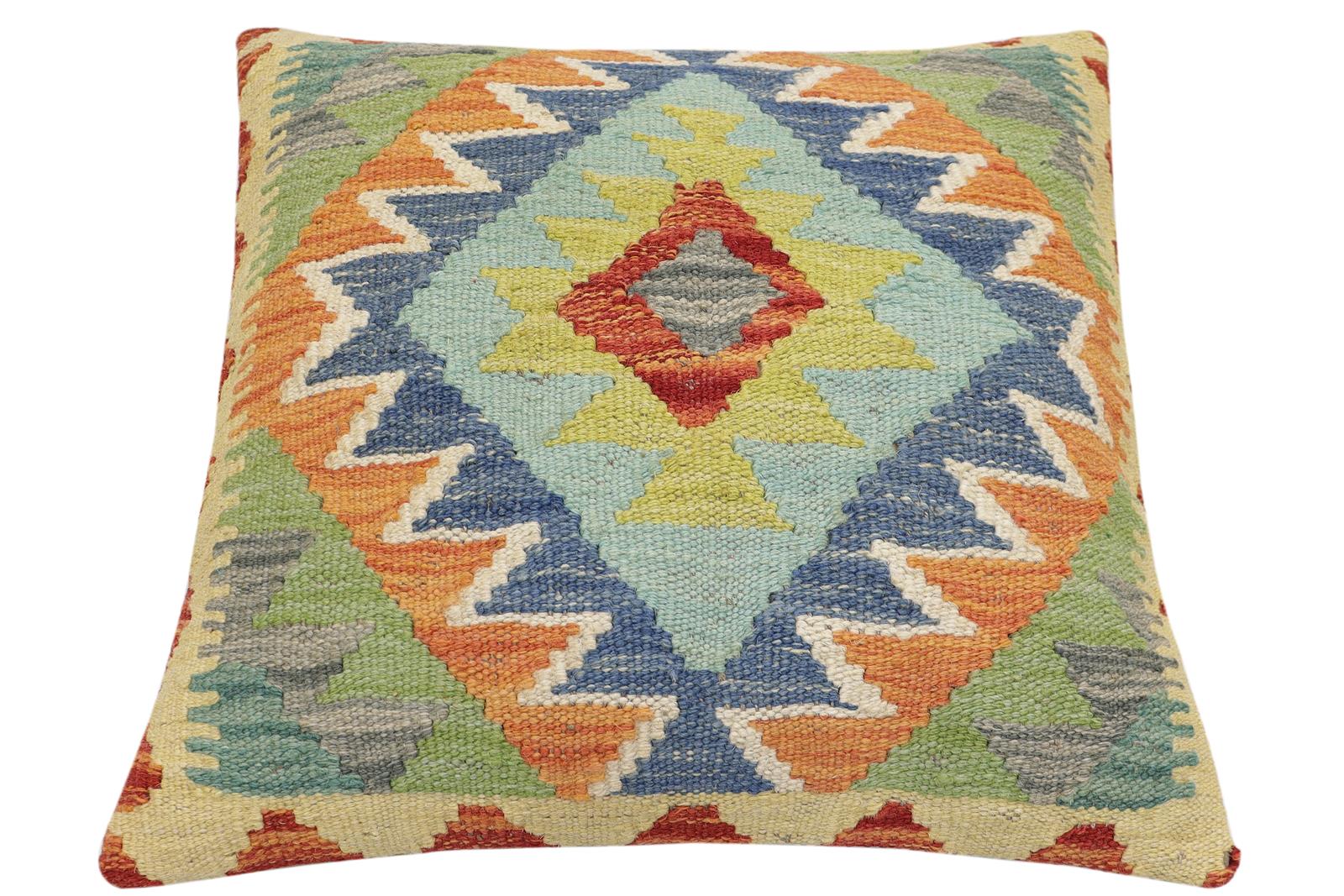 handmade Traditional Pillow Rust Blue Hand-Woven SQUARE 100% WOOL Hand woven turkish pillow2' x 2'