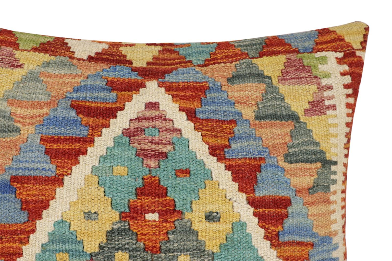 handmade Traditional Pillow Rust Blue Hand-Woven SQUARE 100% WOOL Hand woven turkish pillow2' x 2'