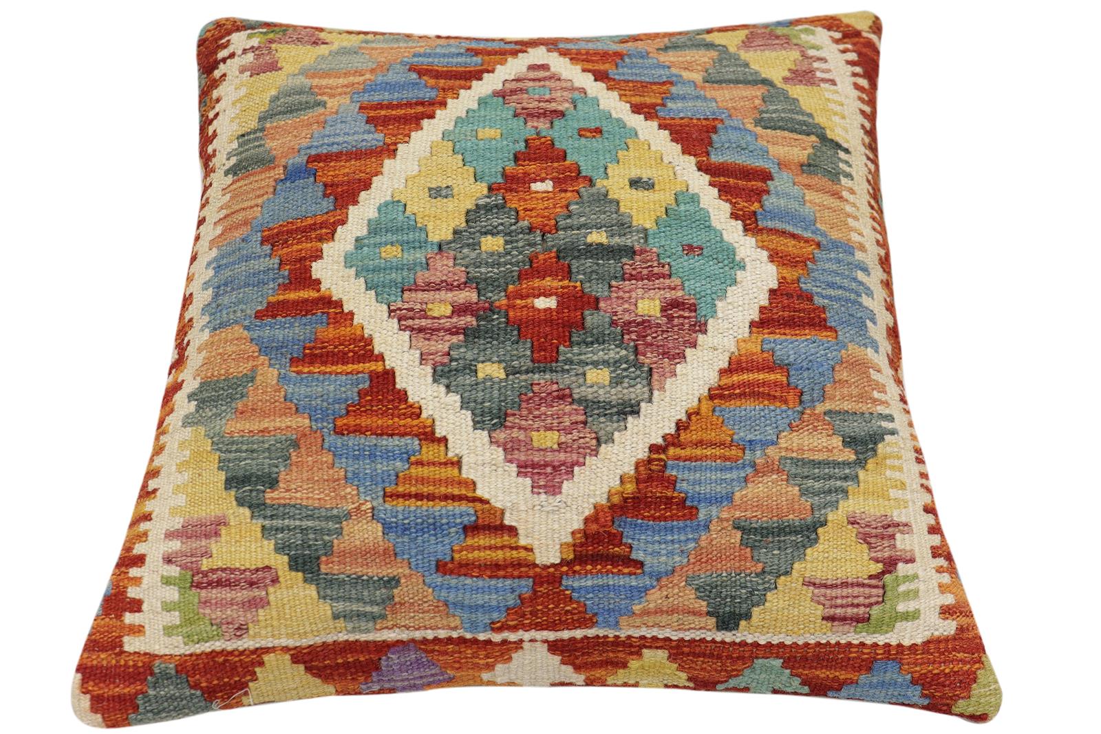 handmade Traditional Pillow Rust Blue Hand-Woven SQUARE 100% WOOL Hand woven turkish pillow2' x 2'