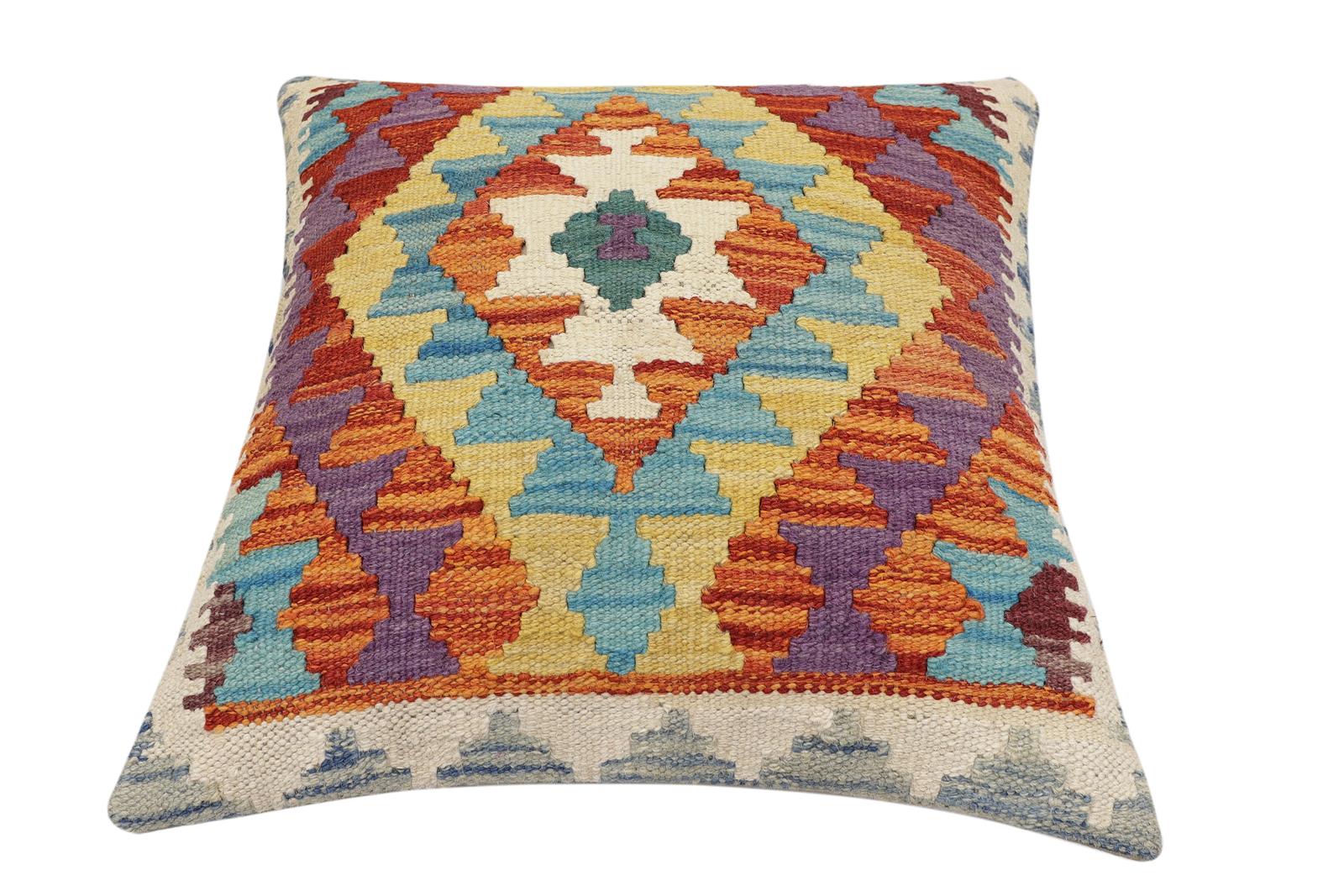 handmade Traditional Pillow Rust Blue Hand-Woven SQUARE 100% WOOL Hand woven turkish pillow2' x 2'