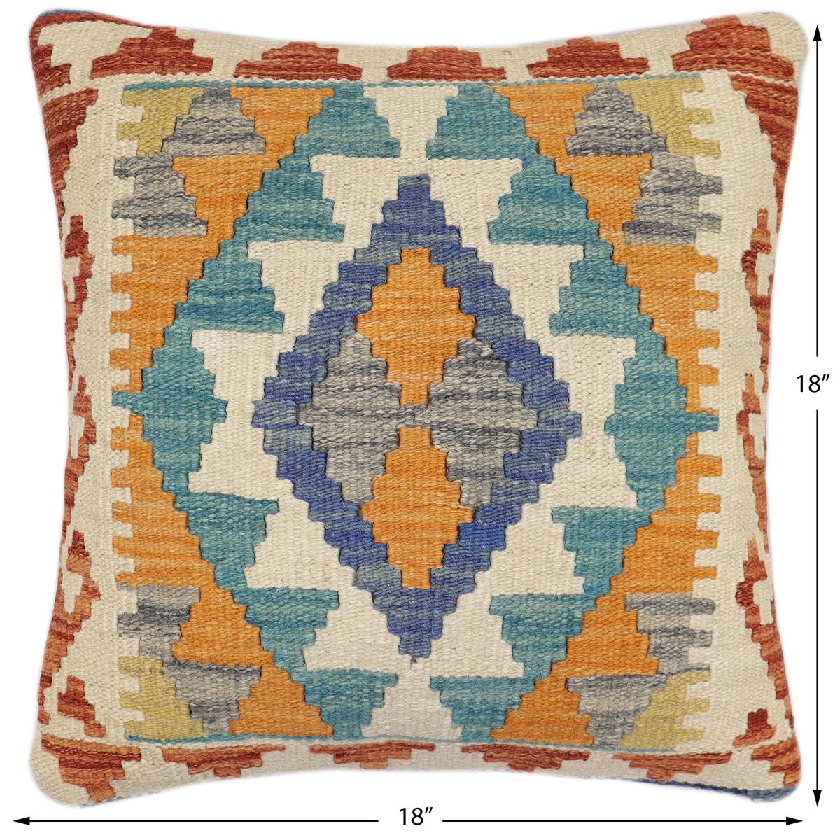 handmade Traditional Pillow Blue Rust Hand-Woven SQUARE 100% WOOL Hand woven turkish pillow2' x 2'