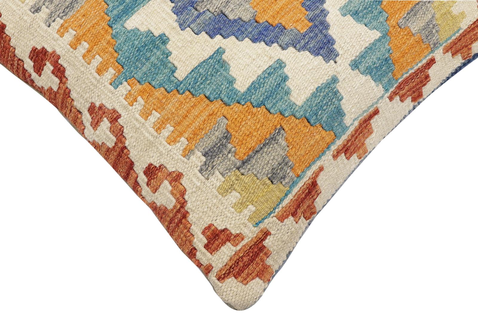 handmade Traditional Pillow Blue Rust Hand-Woven SQUARE 100% WOOL Hand woven turkish pillow2' x 2'