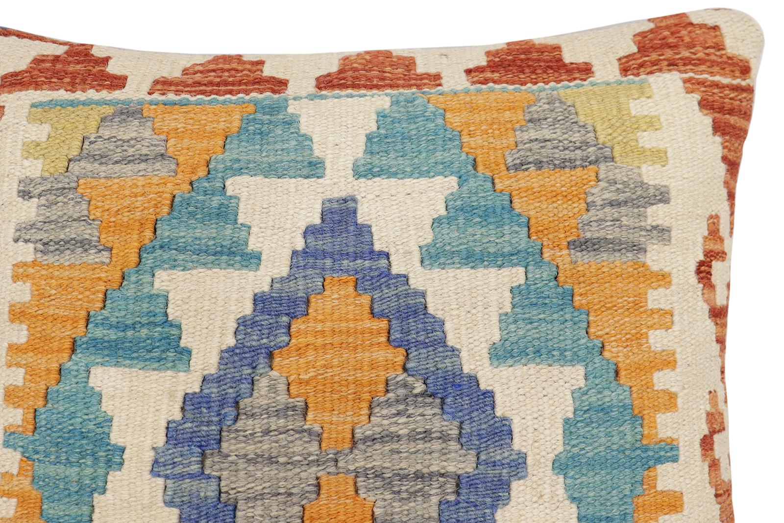 handmade Traditional Pillow Blue Rust Hand-Woven SQUARE 100% WOOL Hand woven turkish pillow2' x 2'