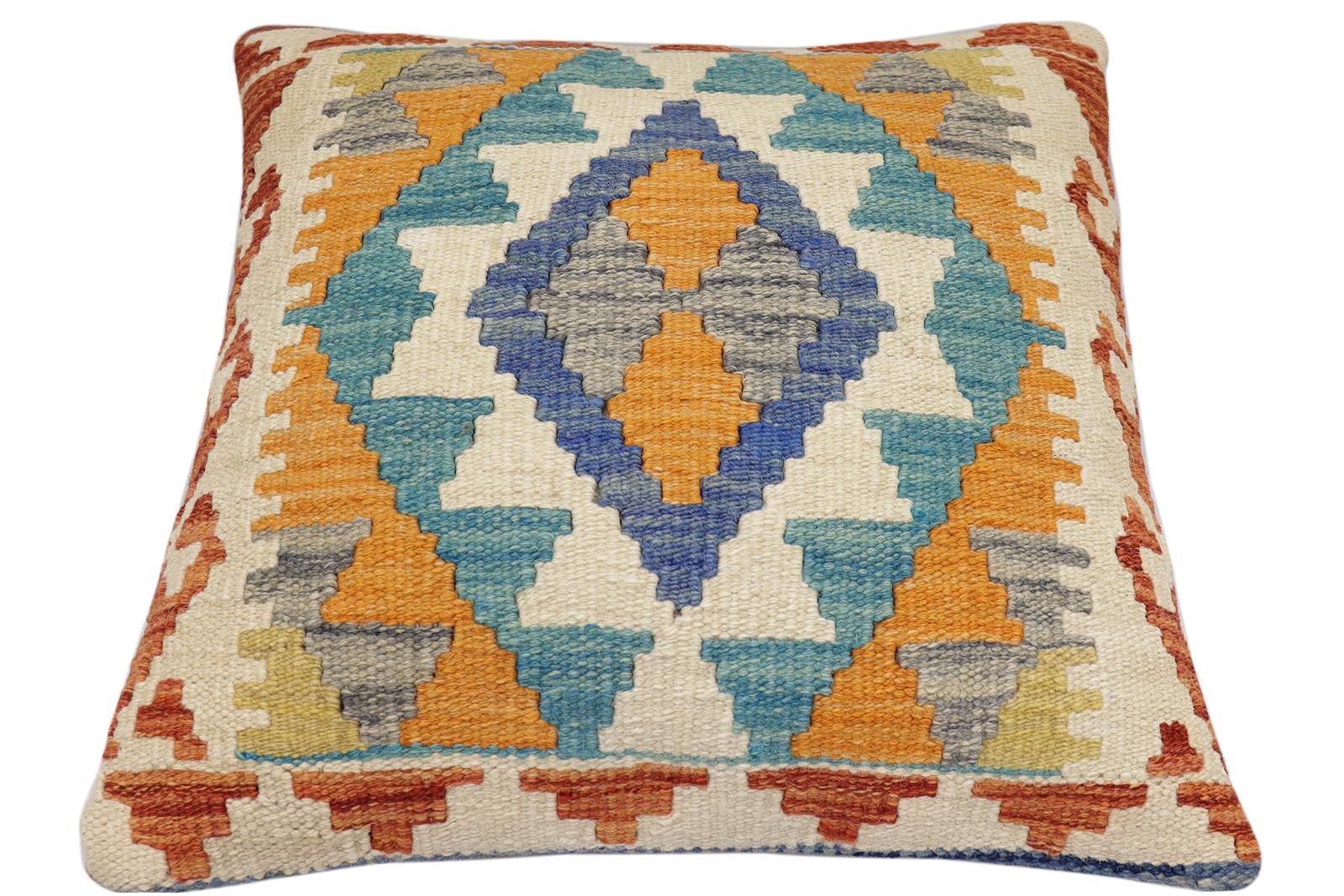 handmade Traditional Pillow Blue Rust Hand-Woven SQUARE 100% WOOL Hand woven turkish pillow2' x 2'