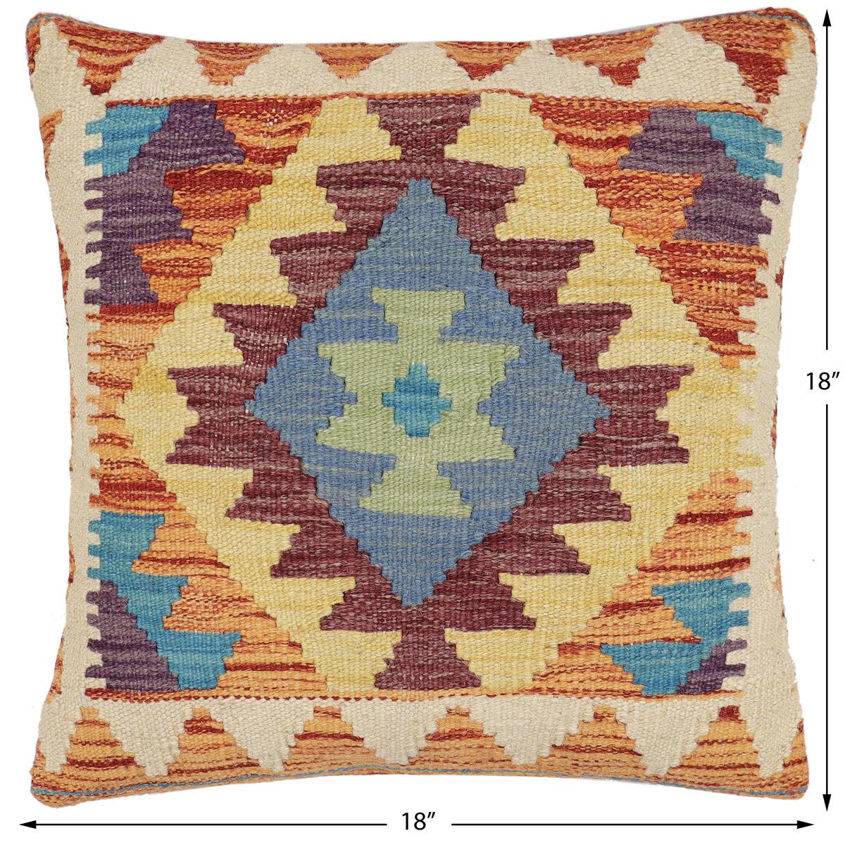 handmade Traditional Pillow Rust Blue Hand-Woven SQUARE 100% WOOL Hand woven turkish pillow2' x 2'