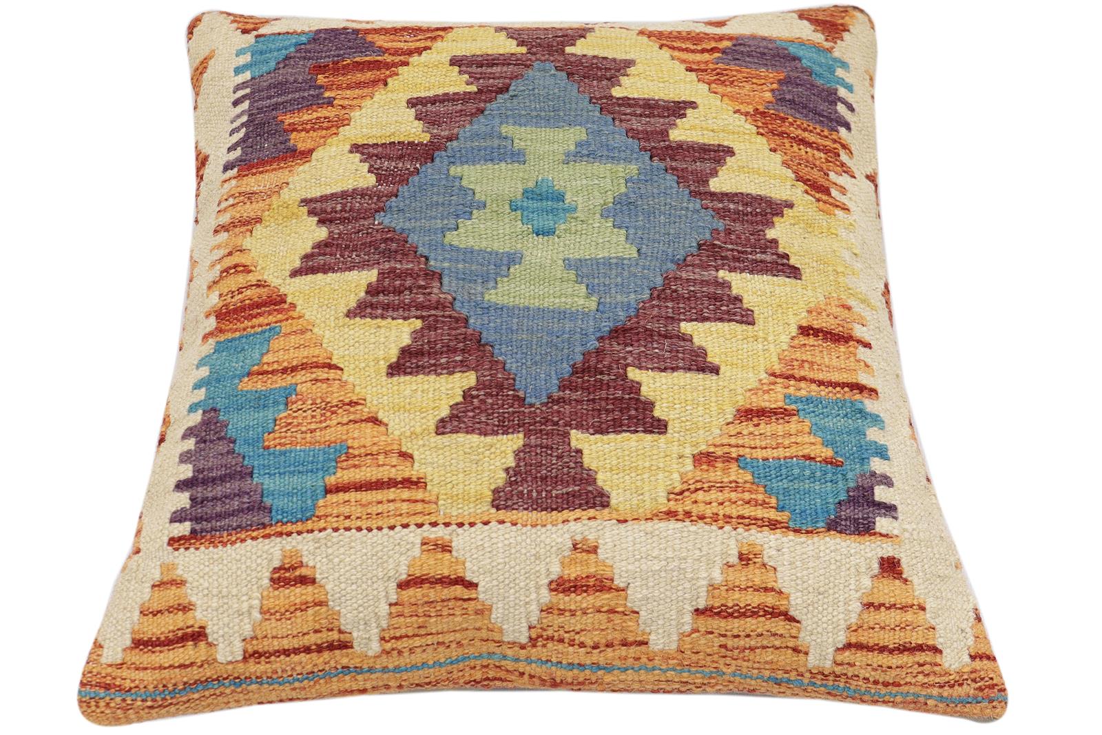 handmade Traditional Pillow Rust Blue Hand-Woven SQUARE 100% WOOL Hand woven turkish pillow2' x 2'