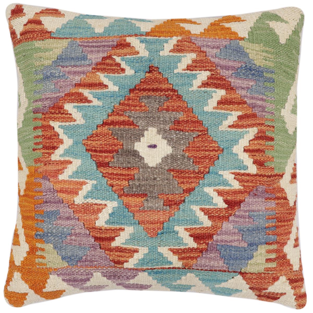 handmade Traditional Pillow Rust Blue Hand-Woven SQUARE 100% WOOL Hand woven turkish pillow2' x 2'