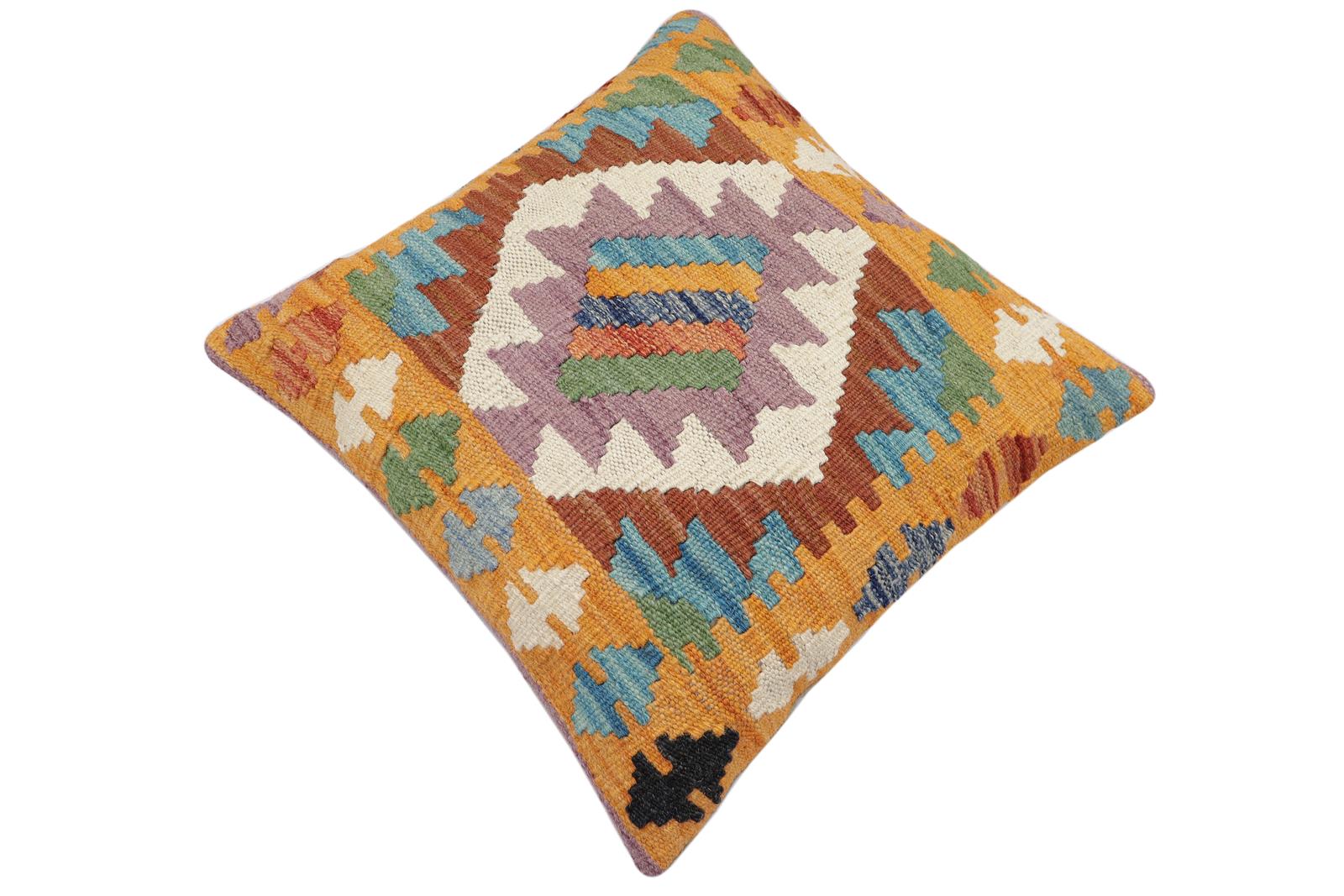 handmade Traditional Pillow Blue Orange Hand-Woven SQUARE 100% WOOL Hand woven turkish pillow2' x 2'