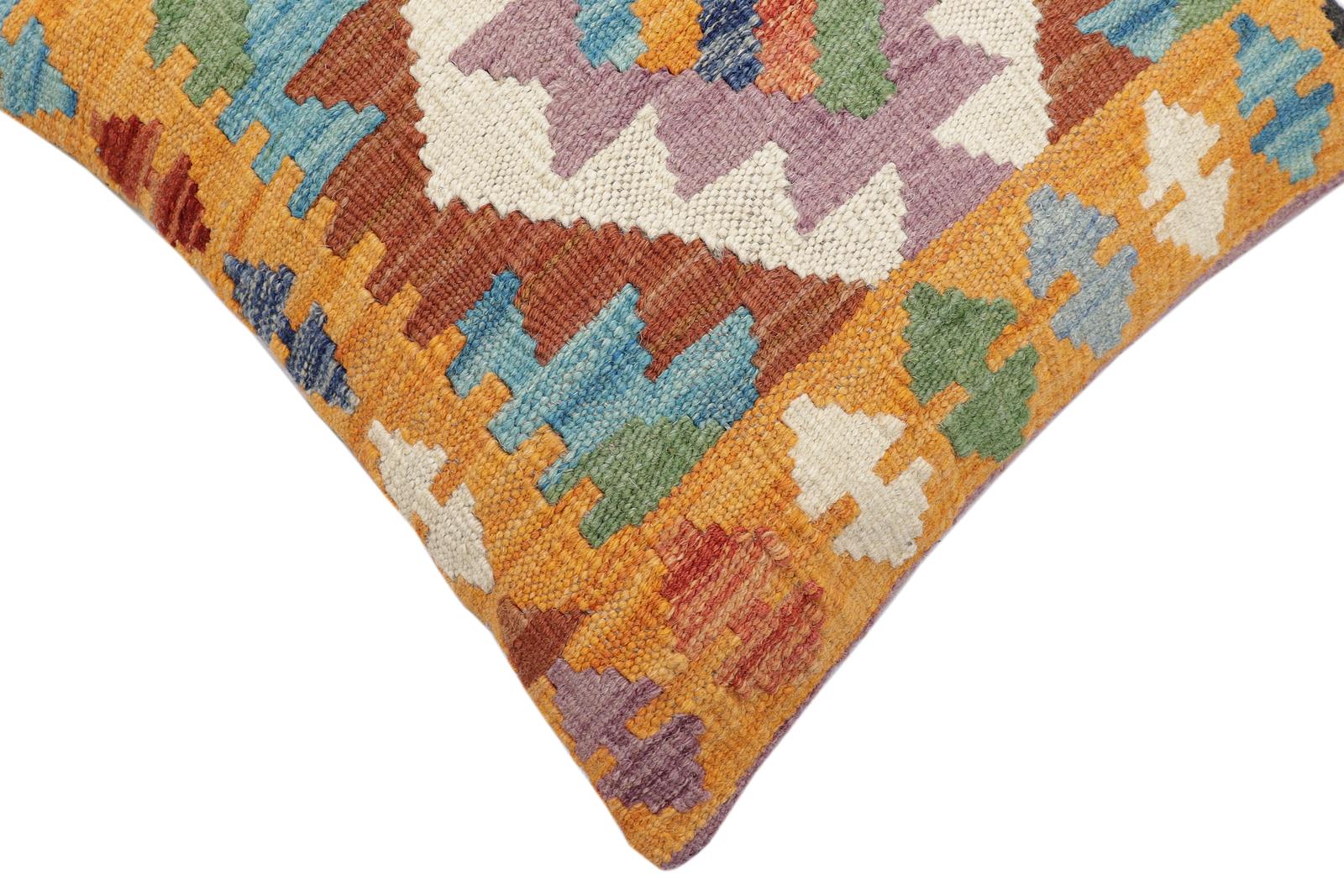 handmade Traditional Pillow Blue Orange Hand-Woven SQUARE 100% WOOL Hand woven turkish pillow2' x 2'