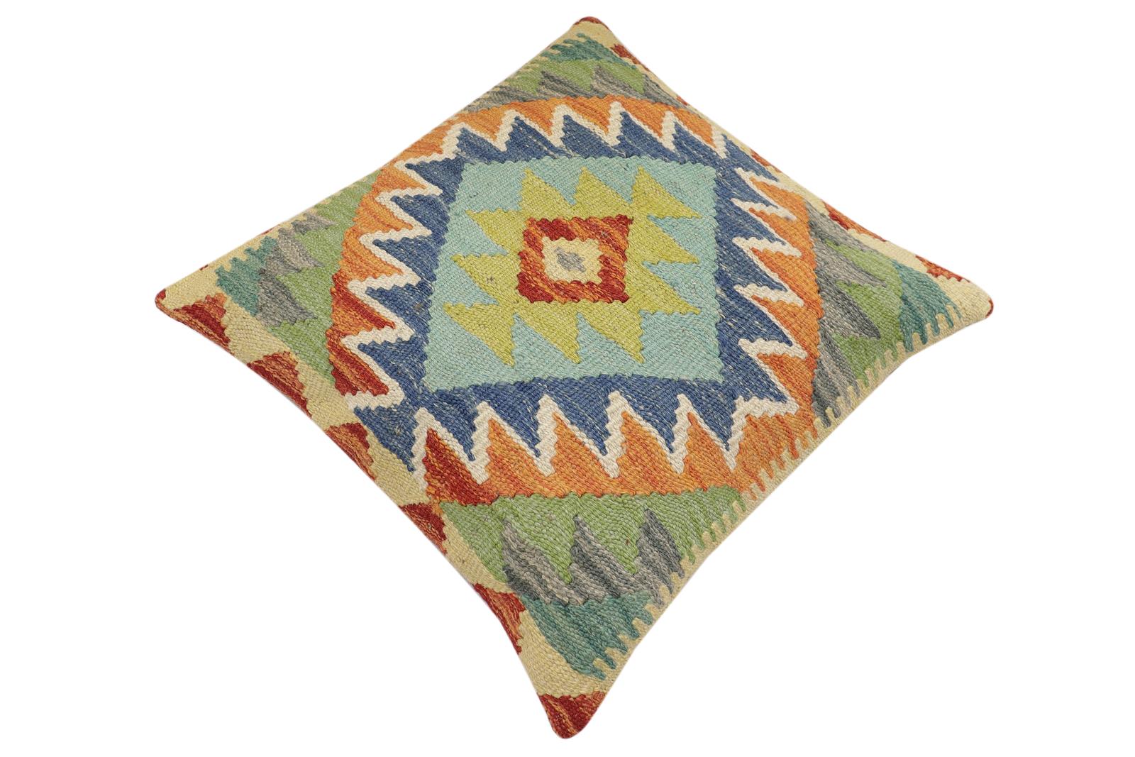 handmade Traditional Pillow Rust Blue Hand-Woven SQUARE 100% WOOL Hand woven turkish pillow2' x 2'