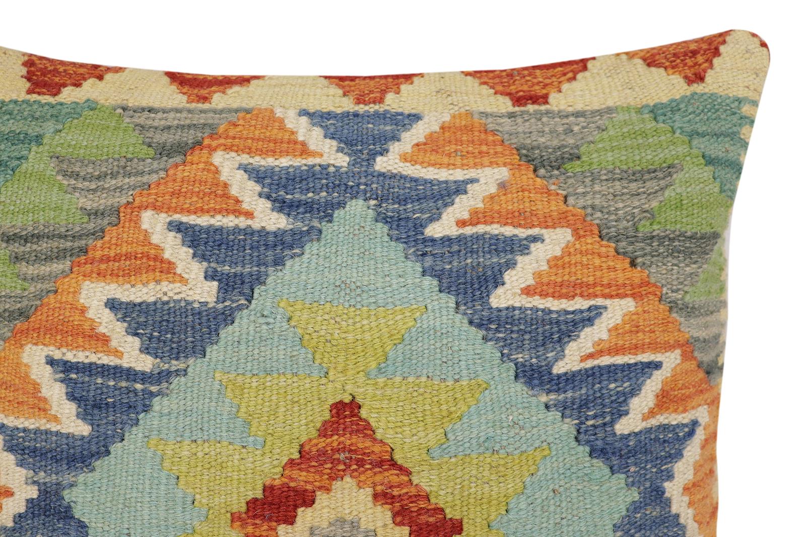 handmade Traditional Pillow Rust Blue Hand-Woven SQUARE 100% WOOL Hand woven turkish pillow2' x 2'