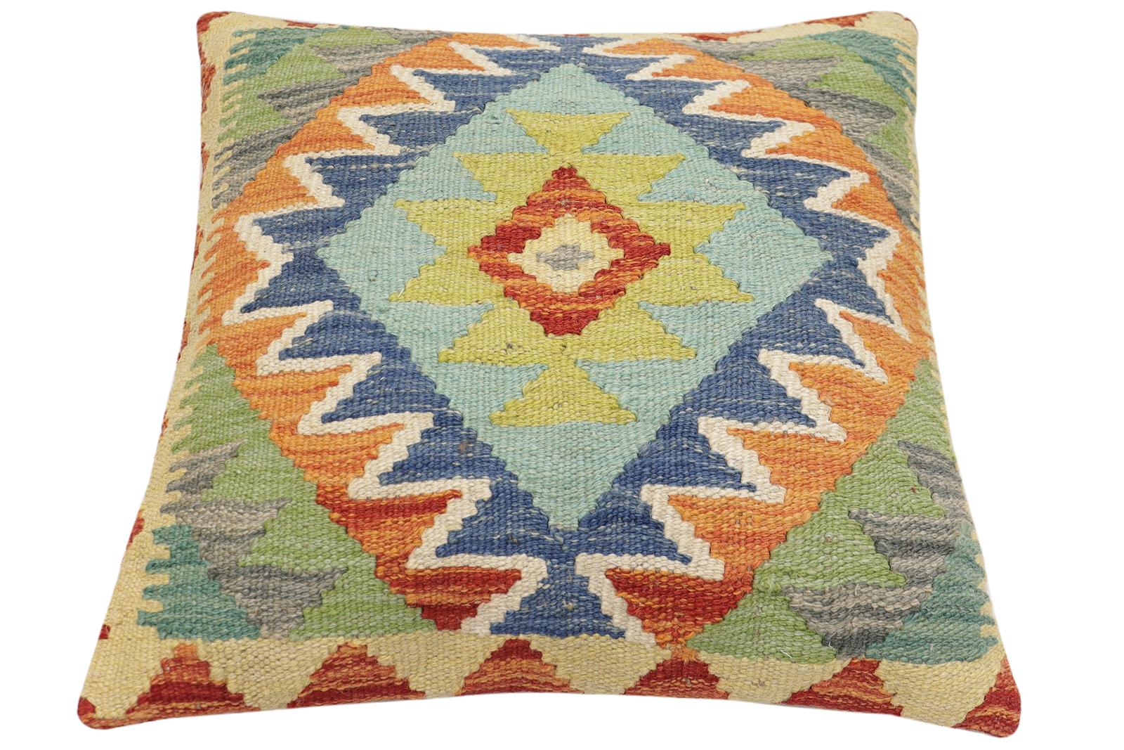handmade Traditional Pillow Rust Blue Hand-Woven SQUARE 100% WOOL Hand woven turkish pillow2' x 2'