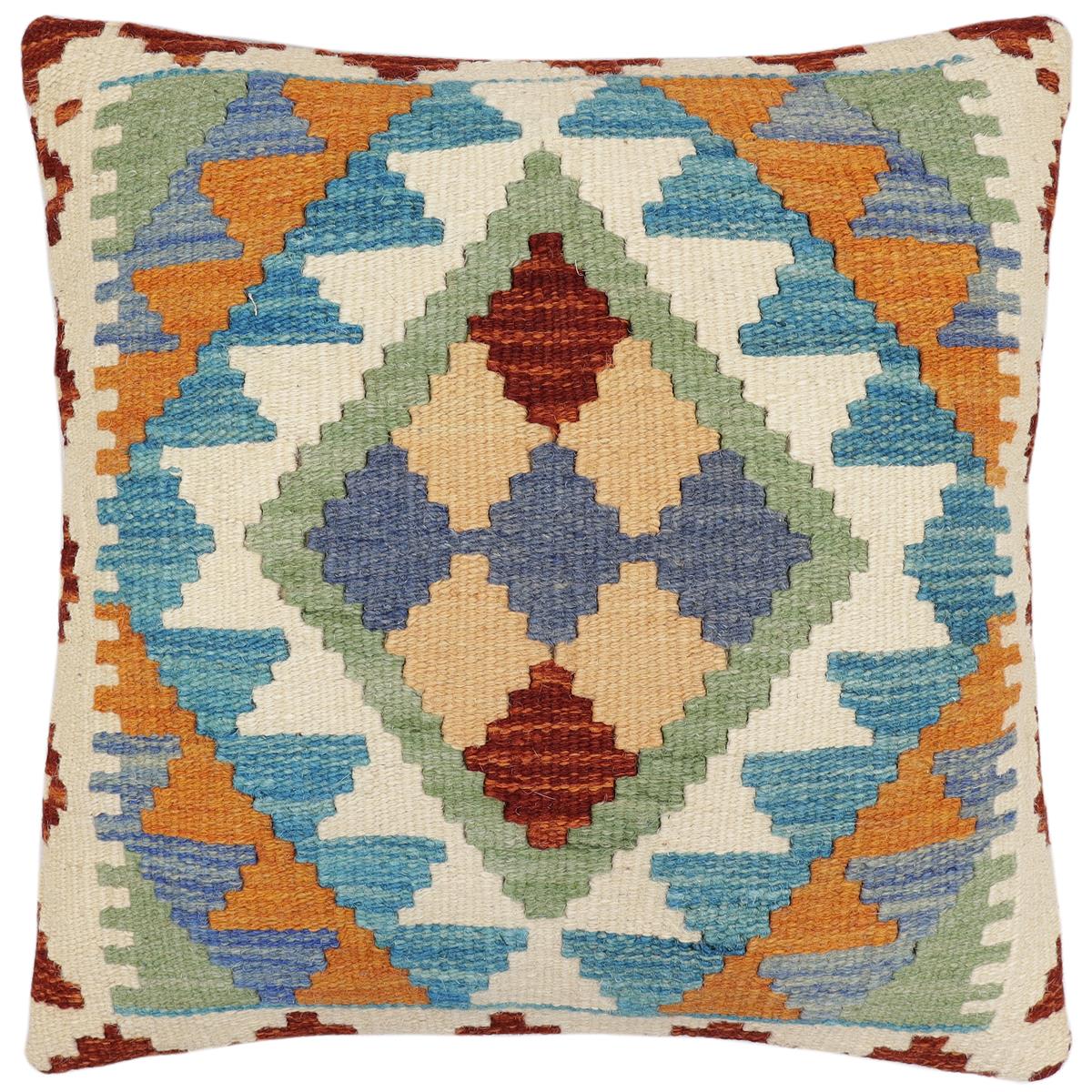 handmade Traditional Pillow Blue Rust Hand-Woven SQUARE 100% WOOL Hand woven turkish pillow2' x 2'