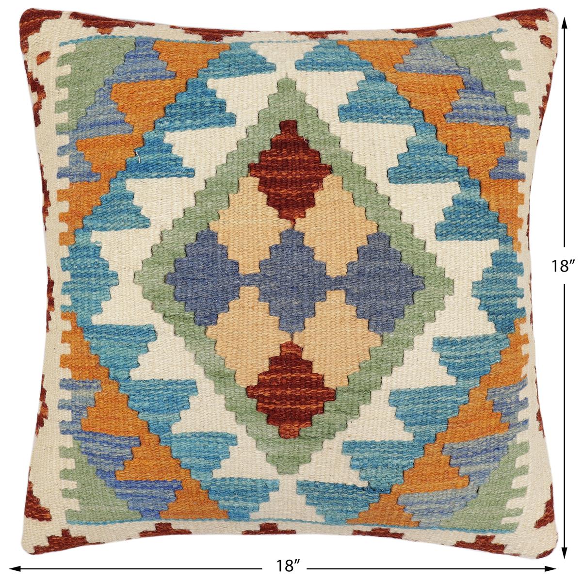 handmade Traditional Pillow Blue Rust Hand-Woven SQUARE 100% WOOL Hand woven turkish pillow2' x 2'