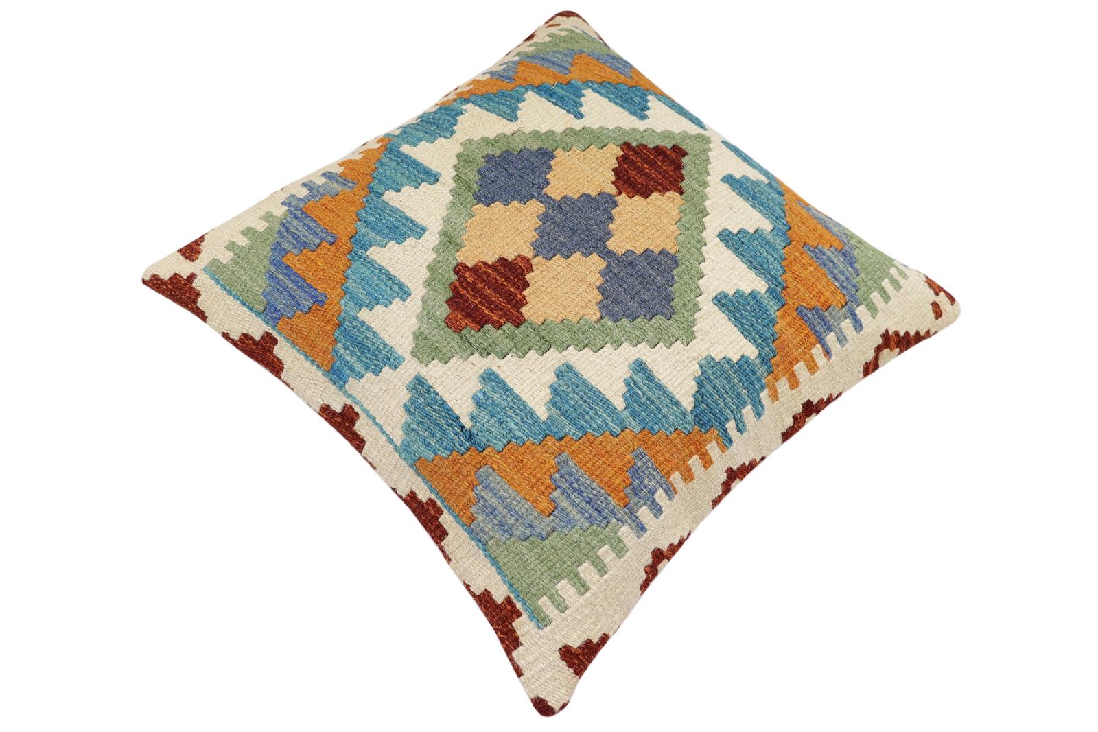 handmade Traditional Pillow Blue Rust Hand-Woven SQUARE 100% WOOL Hand woven turkish pillow2' x 2'