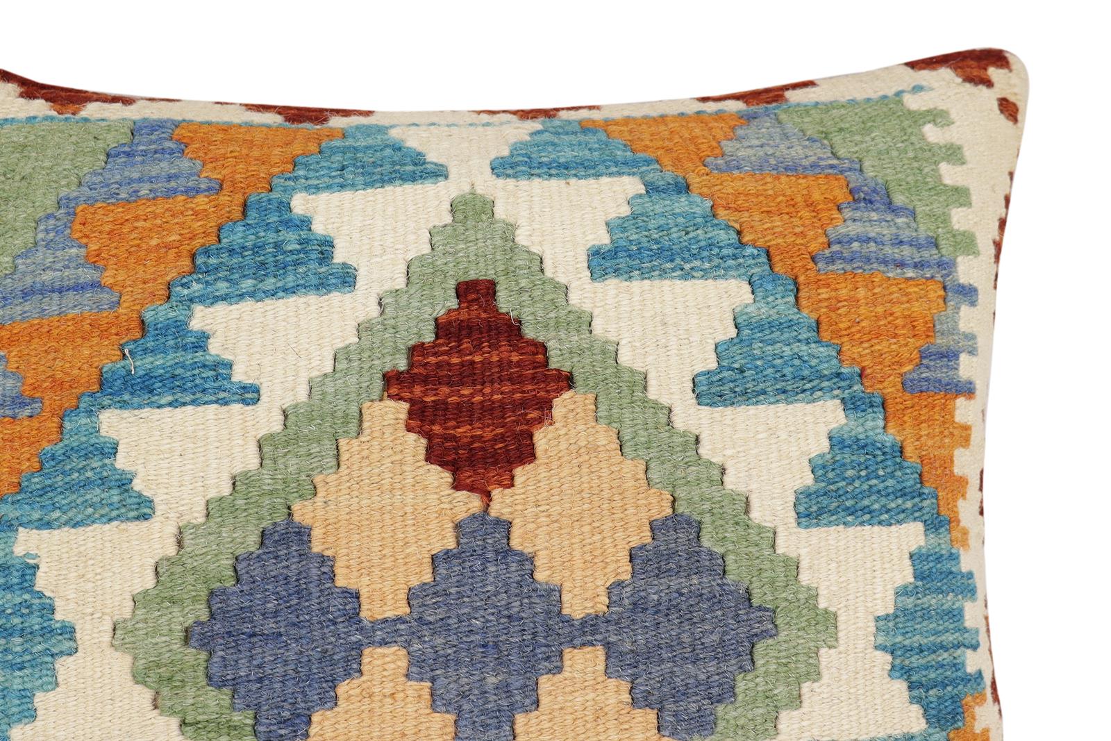 handmade Traditional Pillow Blue Rust Hand-Woven SQUARE 100% WOOL Hand woven turkish pillow2' x 2'