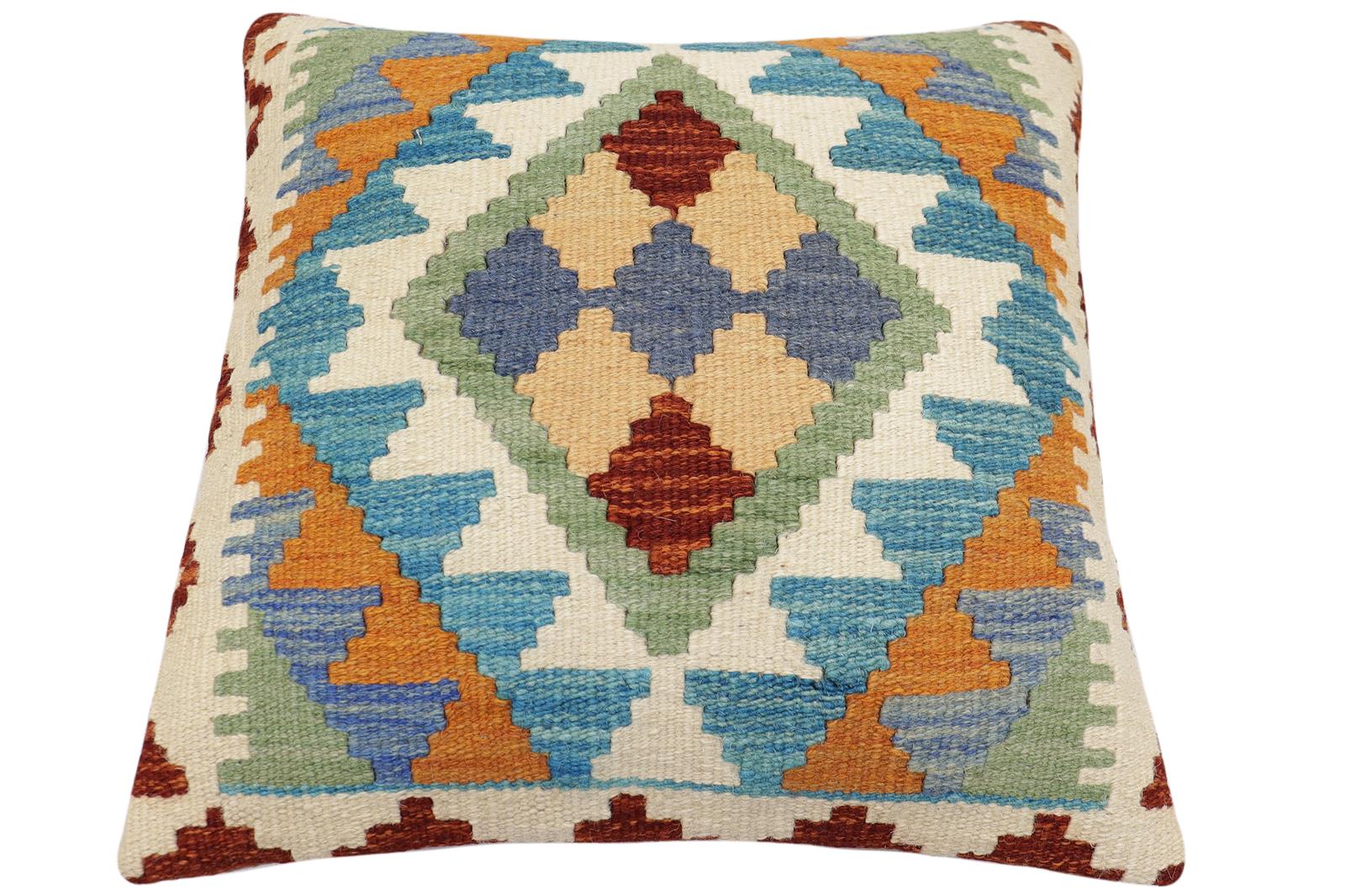 handmade Traditional Pillow Blue Rust Hand-Woven SQUARE 100% WOOL Hand woven turkish pillow2' x 2'