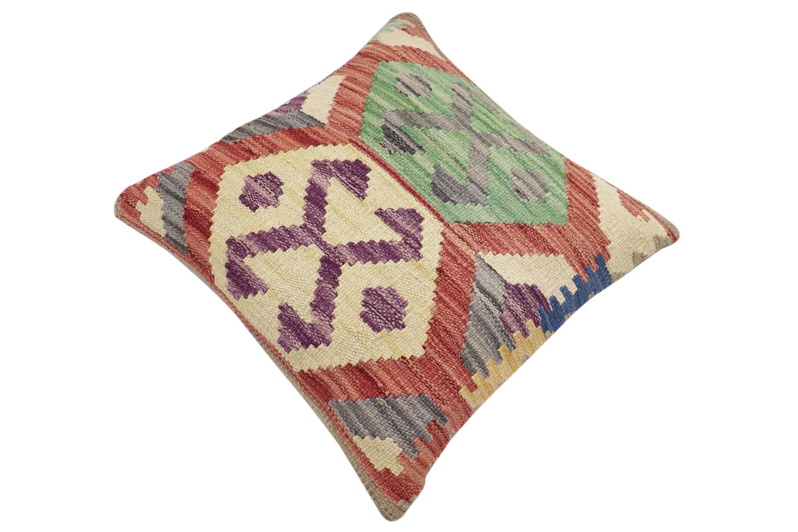 handmade Traditional Pillow Red Gray Hand-Woven SQUARE 100% WOOL Hand woven turkish pillow2' x 2'