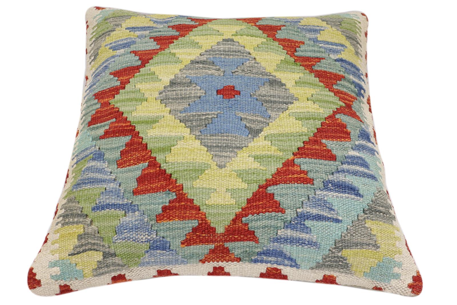 handmade Traditional Pillow Rust Blue Hand-Woven SQUARE 100% WOOL Hand woven turkish pillow2' x 2'