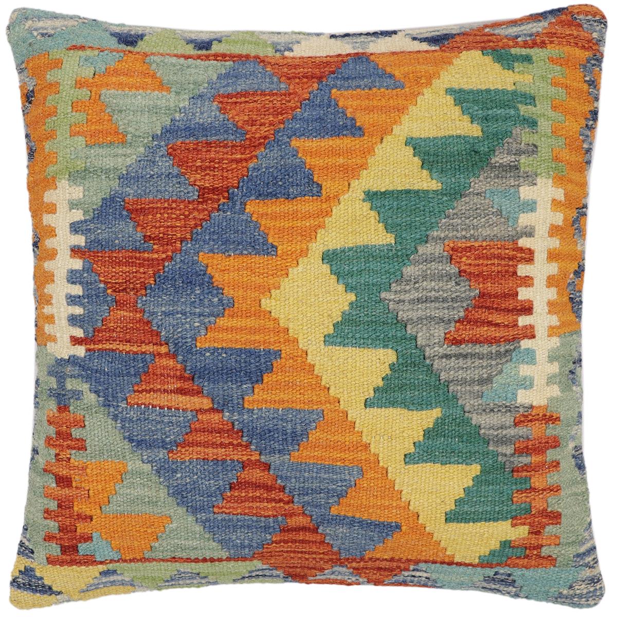 handmade Modern Pillow Rust Blue Hand-Woven SQUARE 100% WOOL  Hand woven turkish pillow  2 x 2