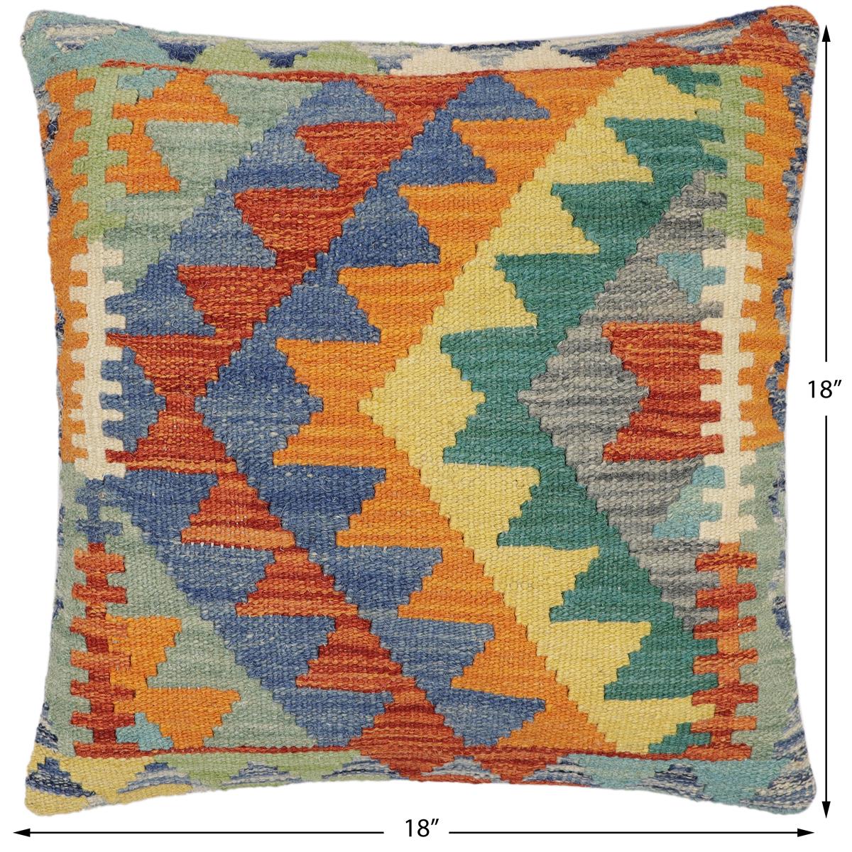 handmade Modern Pillow Rust Blue Hand-Woven SQUARE 100% WOOL  Hand woven turkish pillow  2 x 2
