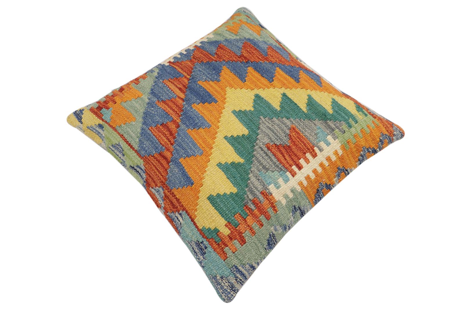handmade Modern Pillow Rust Blue Hand-Woven SQUARE 100% WOOL  Hand woven turkish pillow  2 x 2