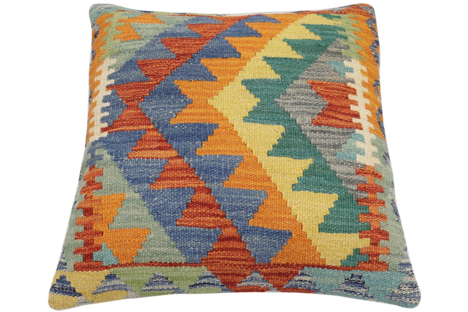 handmade Modern Pillow Rust Blue Hand-Woven SQUARE 100% WOOL  Hand woven turkish pillow  2 x 2