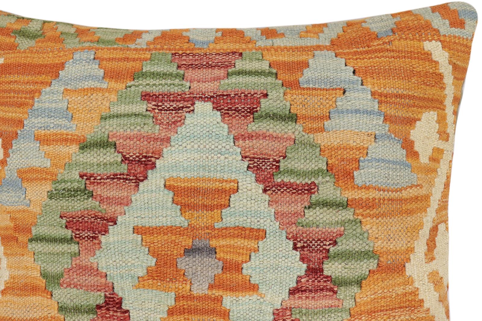 handmade Traditional Pillow Orange Blue Hand-Woven SQUARE 100% WOOL Hand woven turkish pillow2' x 2'