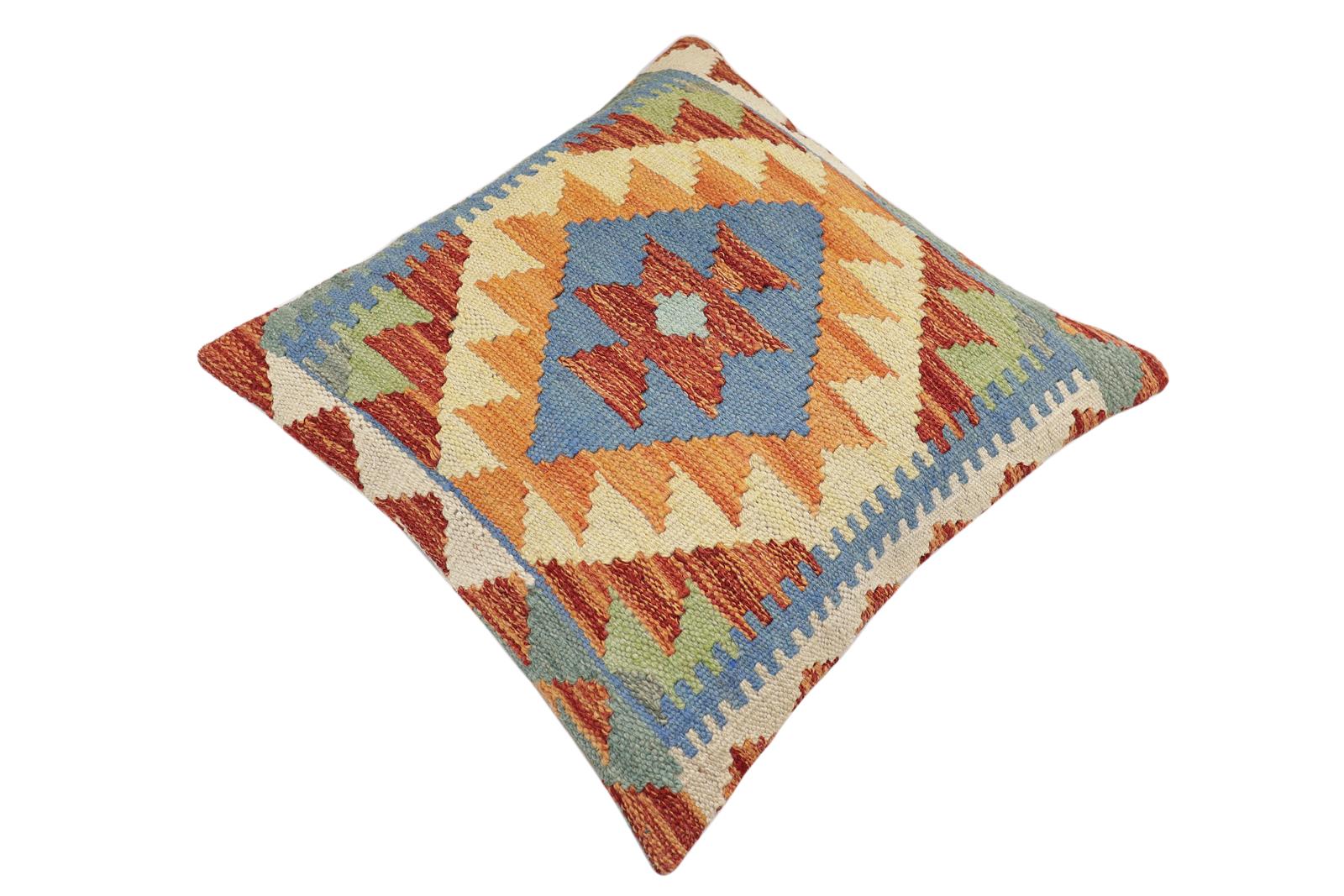 handmade Traditional Pillow Rust Blue Hand-Woven SQUARE 100% WOOL Hand woven turkish pillow2' x 2'