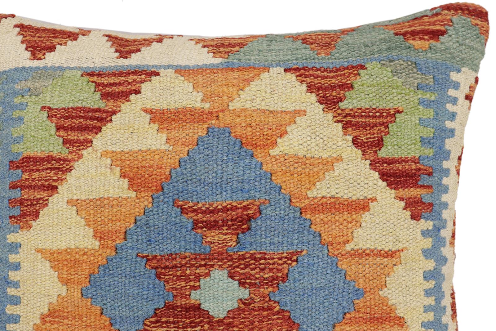 handmade Traditional Pillow Rust Blue Hand-Woven SQUARE 100% WOOL Hand woven turkish pillow2' x 2'
