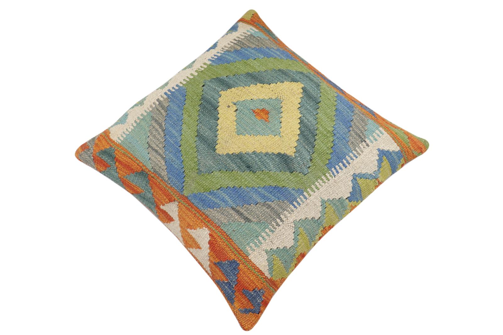 handmade Traditional Pillow Rust Blue Hand-Woven SQUARE 100% WOOL Hand woven turkish pillow2' x 2'