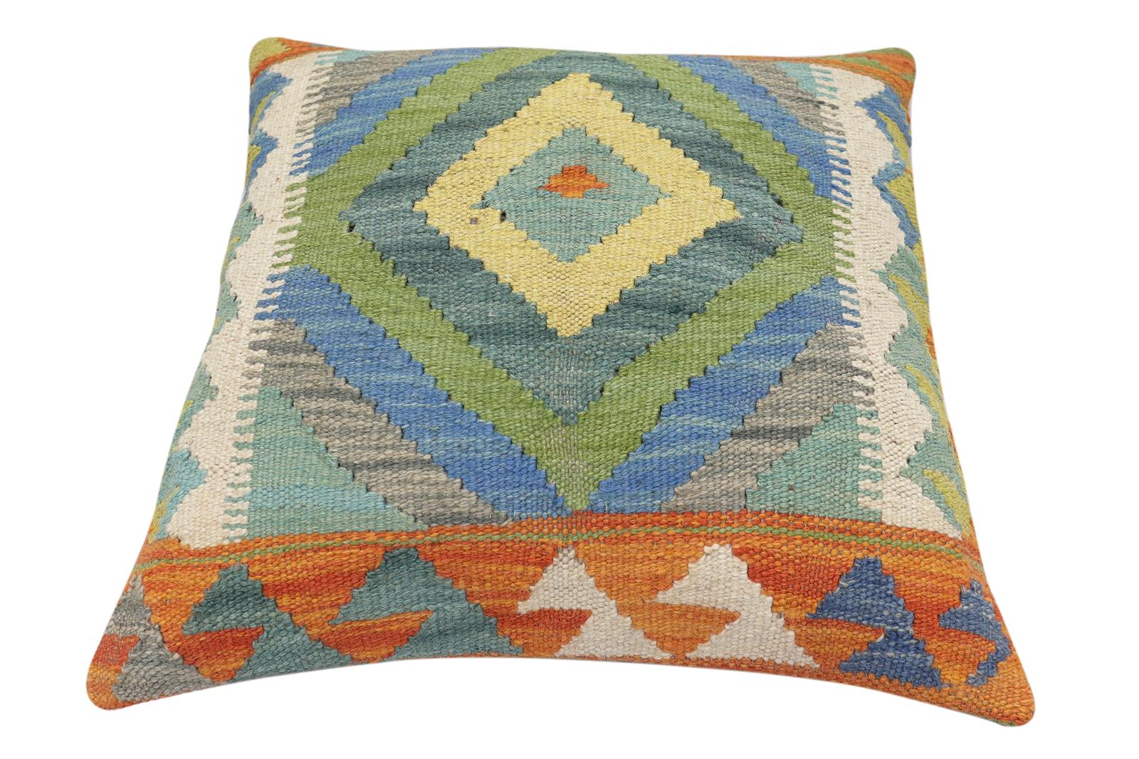 handmade Traditional Pillow Rust Blue Hand-Woven SQUARE 100% WOOL Hand woven turkish pillow2' x 2'