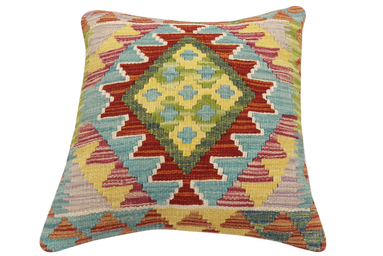 handmade Traditional Pillow Rust Blue Hand-Woven SQUARE 100% WOOL Hand woven turkish pillow2' x 2'
