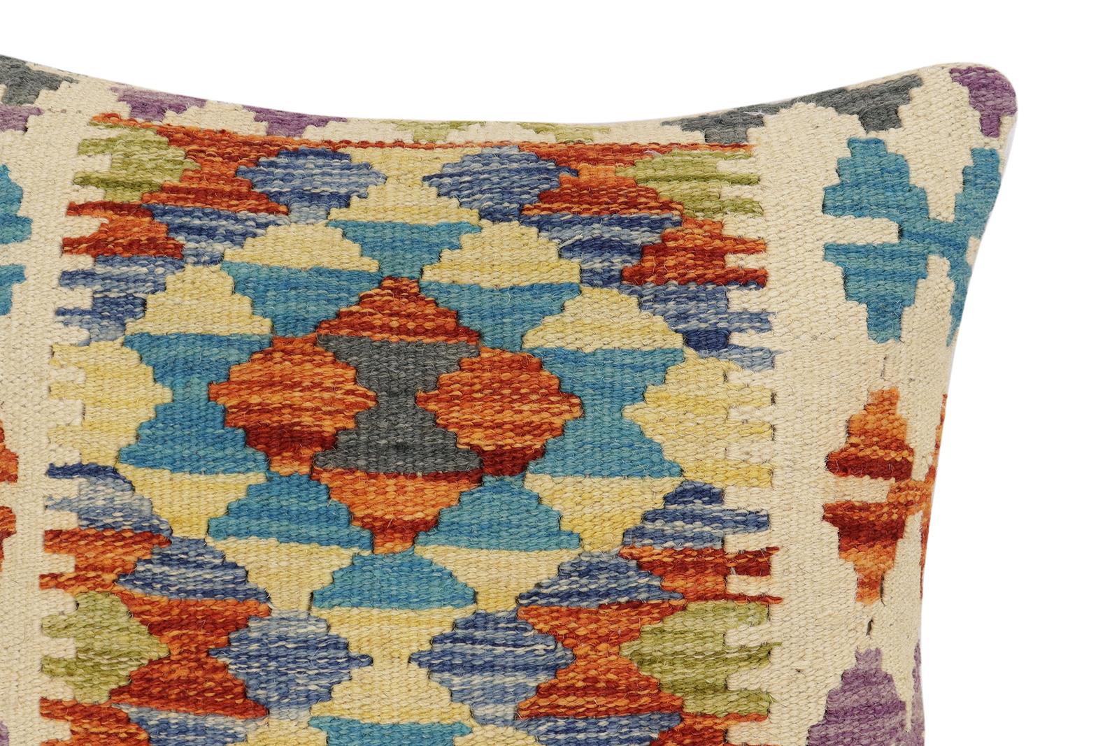 handmade Traditional Pillow Rust Blue Hand-Woven SQUARE 100% WOOL Hand woven turkish pillow2' x 2'