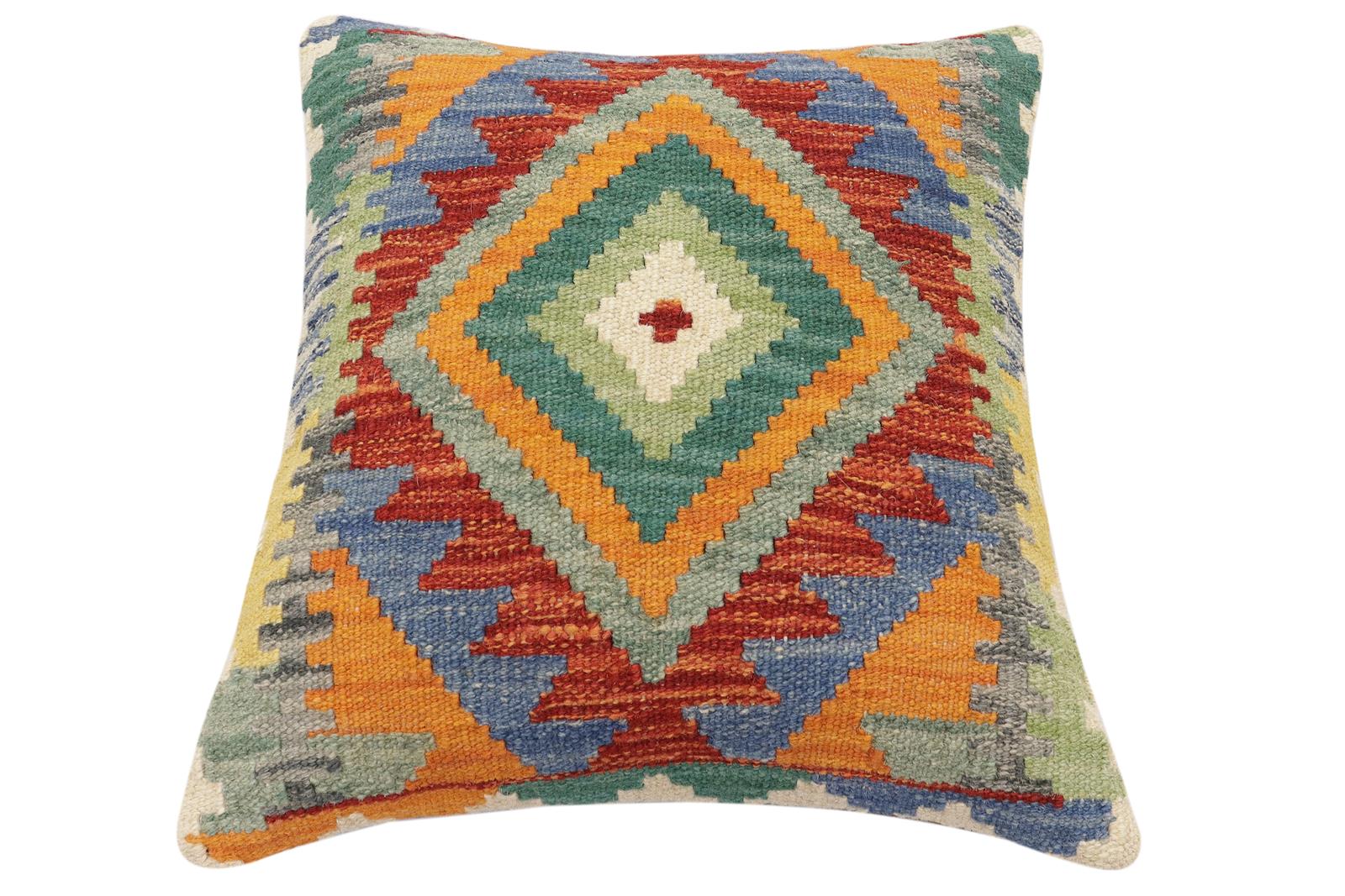 handmade Traditional Pillow Rust Blue Hand-Woven SQUARE 100% WOOL  Hand woven turkish pillow  3 x 5