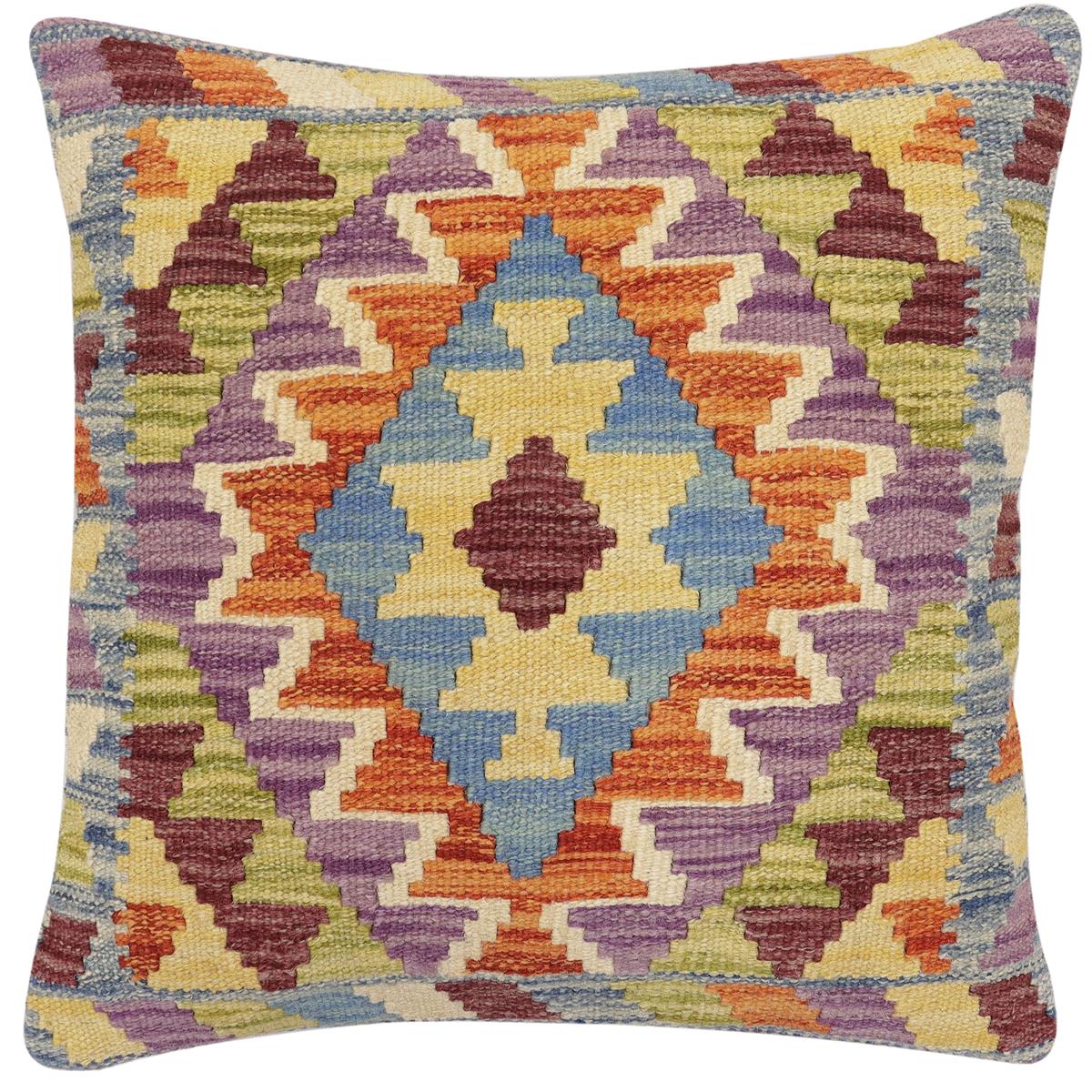 handmade Traditional Pillow Blue Rust Hand-Woven SQUARE 100% WOOL  Hand woven turkish pillow  2 x 2