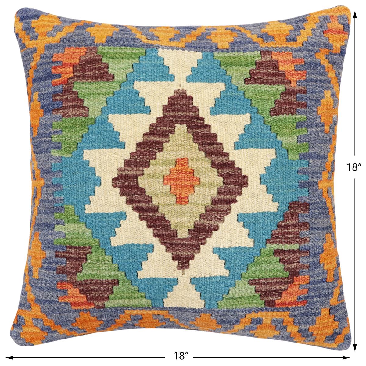 handmade Traditional Pillow Blue Rust Hand-Woven SQUARE 100% WOOL Hand woven turkish pillow2' x 2'